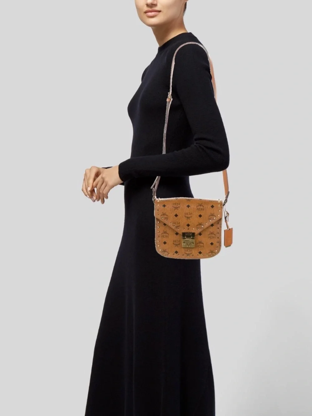 Authentic MCM Patricia Stud Trim Visetos Small Shoulder/ Crossbody Bag Brown